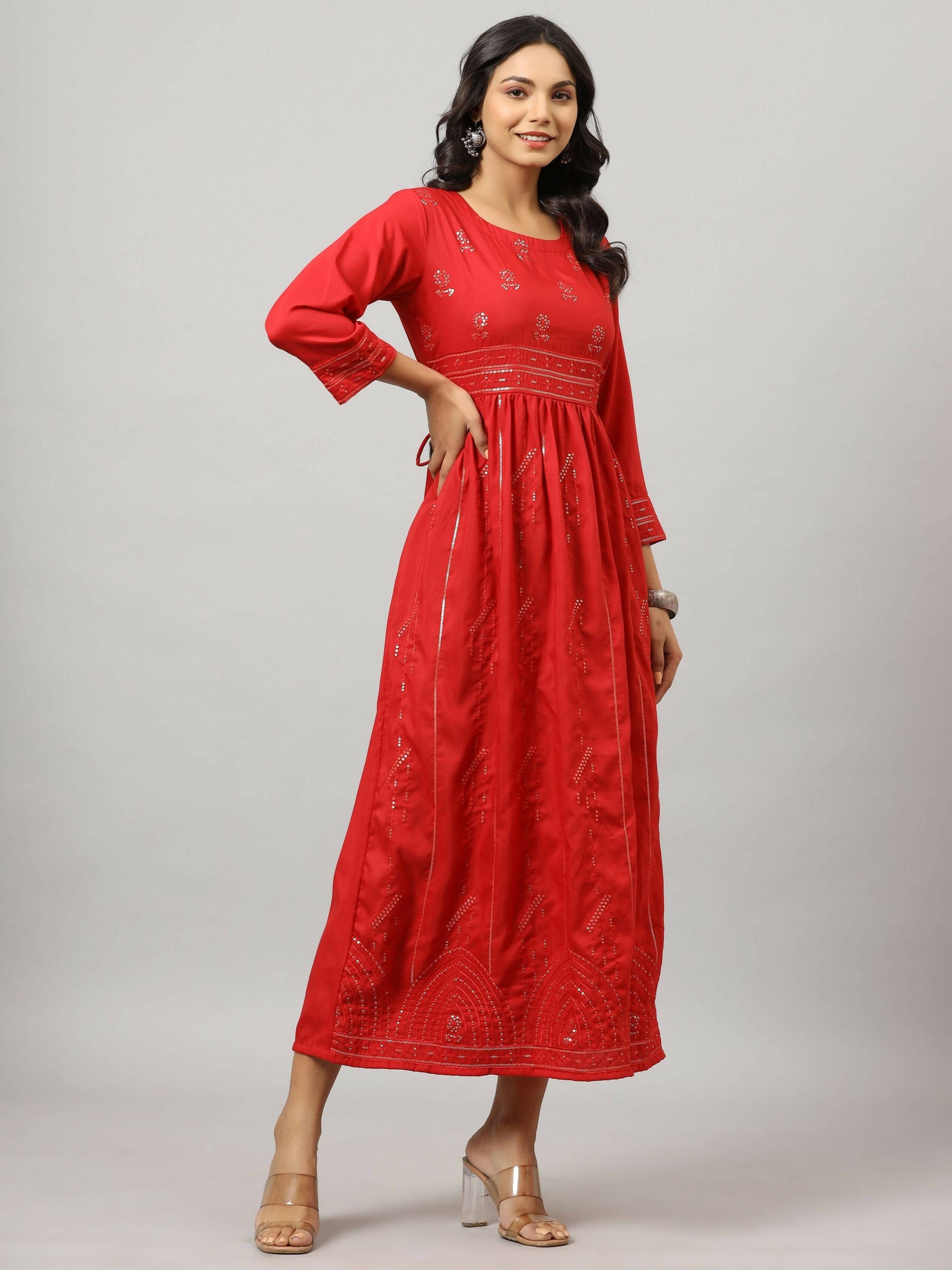 Juniper Women's Red Festive Printed Flared Dress | Swadesiicart