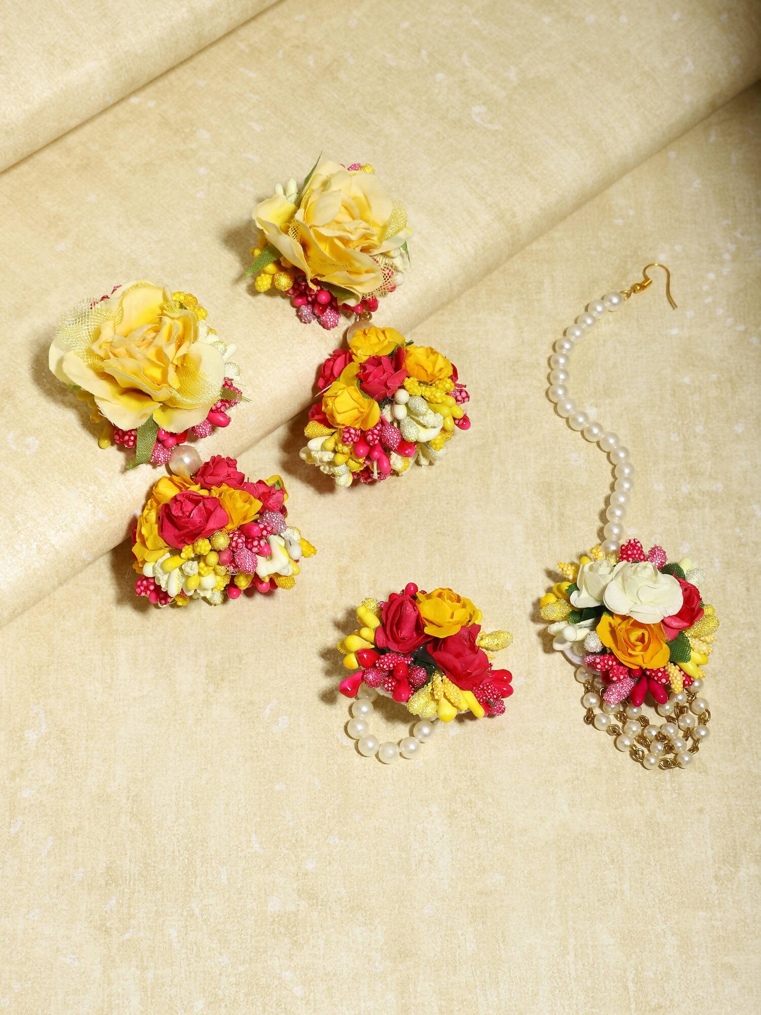 Yellow Pink Beaded Flower Jewellery Set - Ruby Raang - Swadesiicart