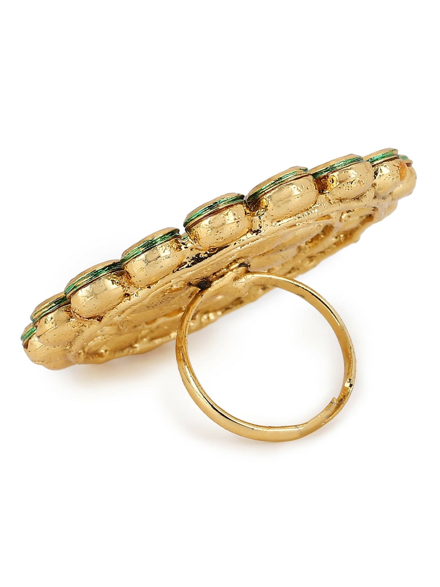 Gold-Polished White Kundan-Studded Adjustable Finger Ring - Ruby Raang | Swadesiicart