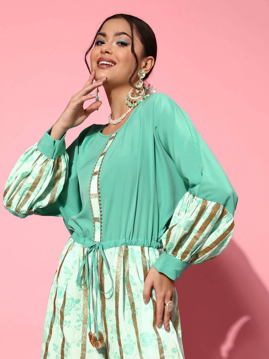 Ahalyaa Women Gorgeous Green Printed Once Upon a Sleeve Jumpsuit - Swadesiicart