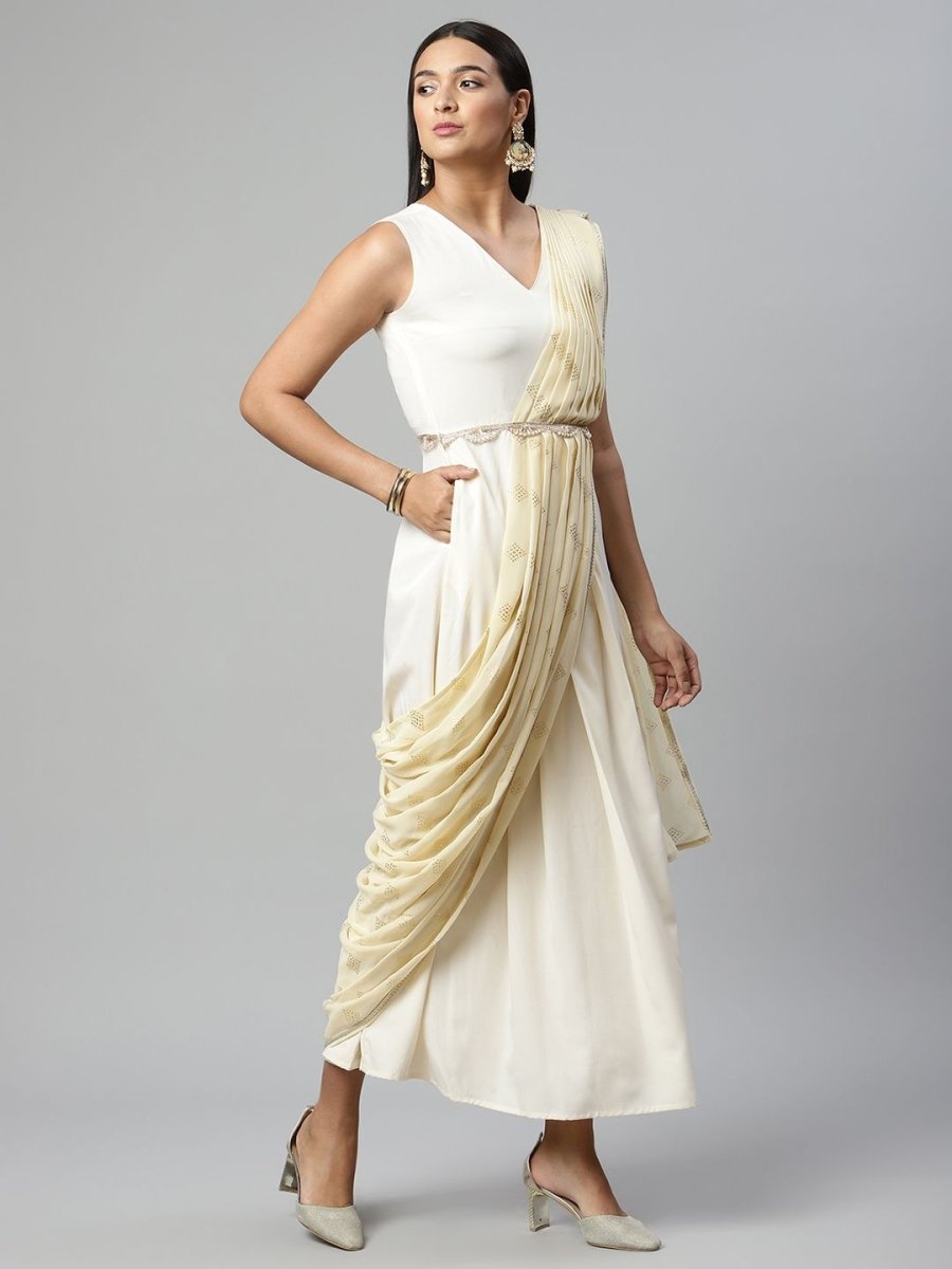 Ahalyaa Women Off White Crepe Georgette Saree Dress With Printed Pallu | Swadesiicart