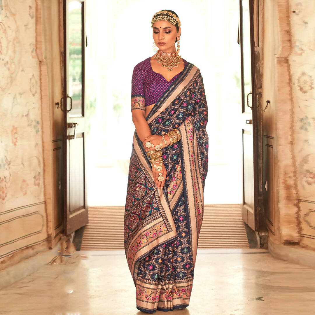 Dark Blue Silk With Banarasi Print Work Saree - Trirath Yamuna | Swadesiicart