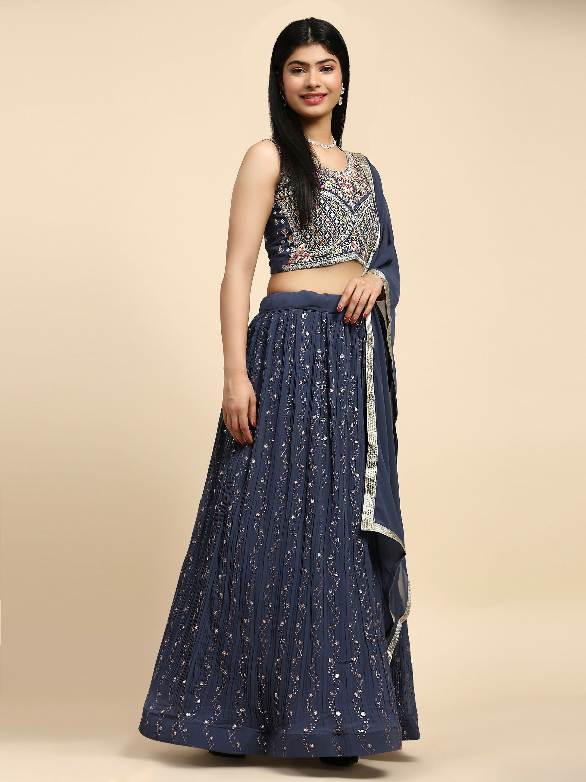 Dark Grey Georgette Embroidered Lehenga choli with Dupatta - Dhara | Swadesiicart