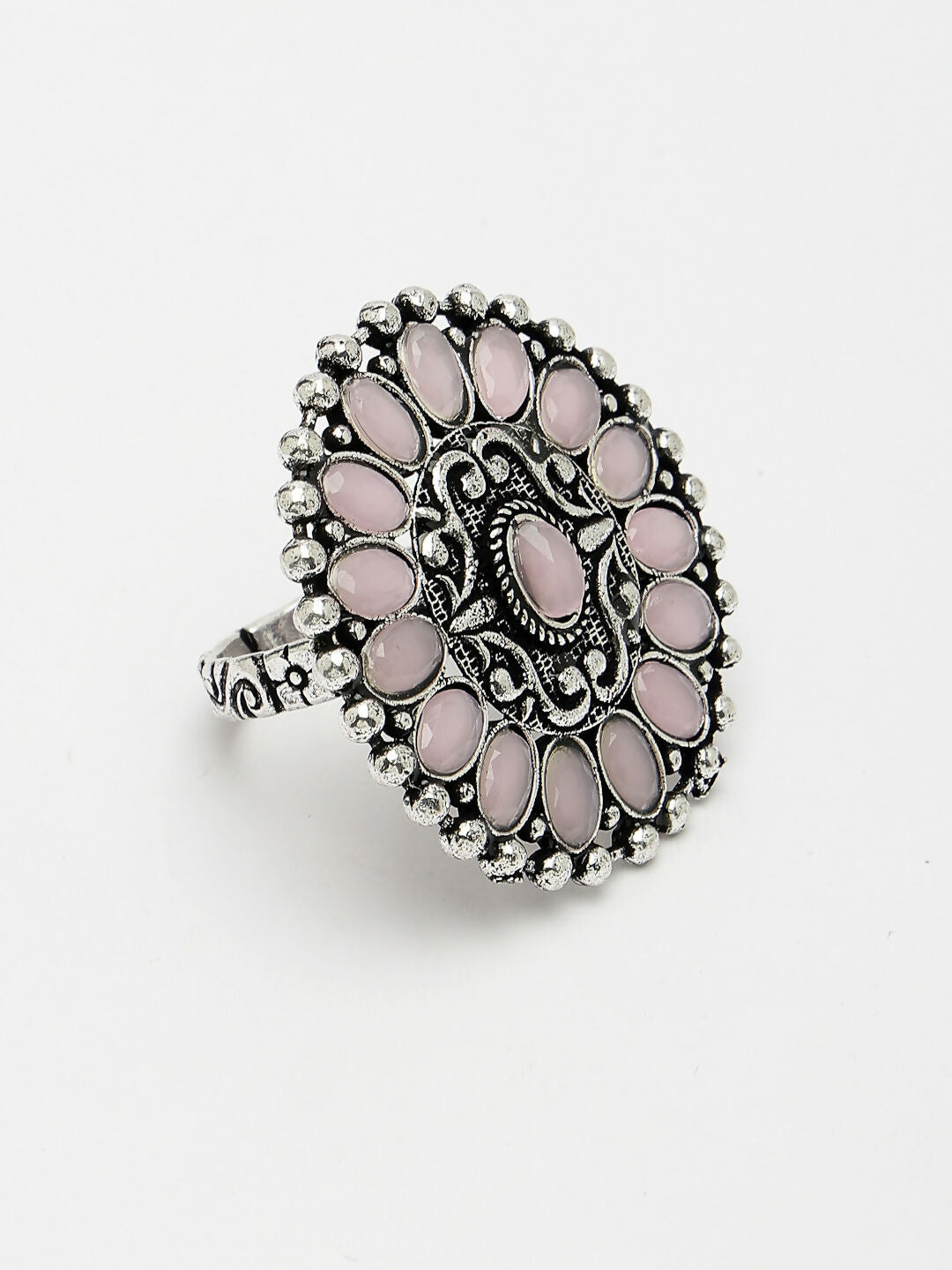 NVR Women's Pink Silver-Plated Circular Shape Adjustable Finger Ring | Swadesiicart