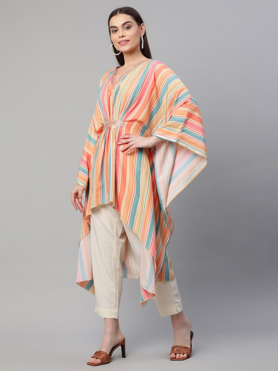 Ahalyaa Women Multi Color Crepe Striped Printed Kaftan Kurta With Trousers | Swadesiicart