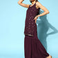 Ahalyaa Women Wine Colour Crepe Gold Printed Kurta Sharara Set | Swadesiicart