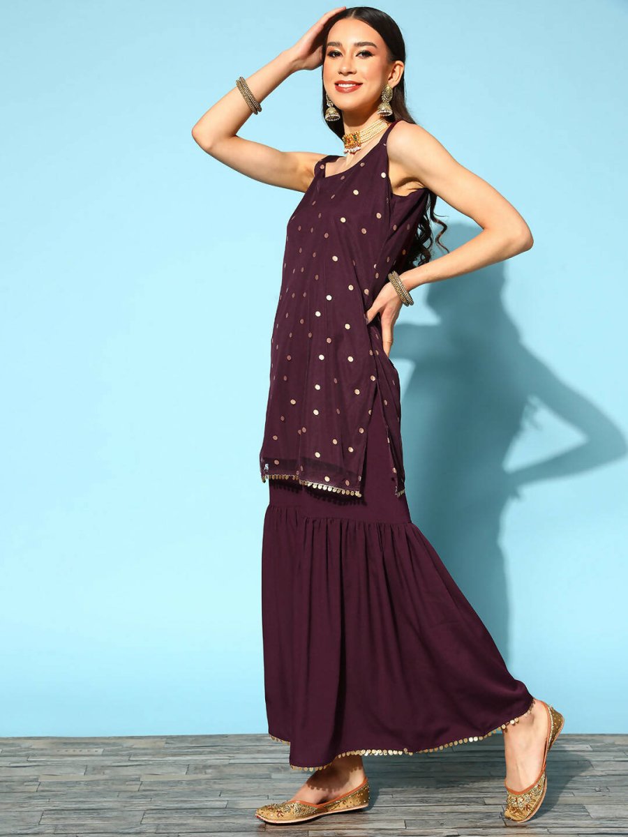 Ahalyaa Women Wine Colour Crepe Gold Printed Kurta Sharara Set | Swadesiicart