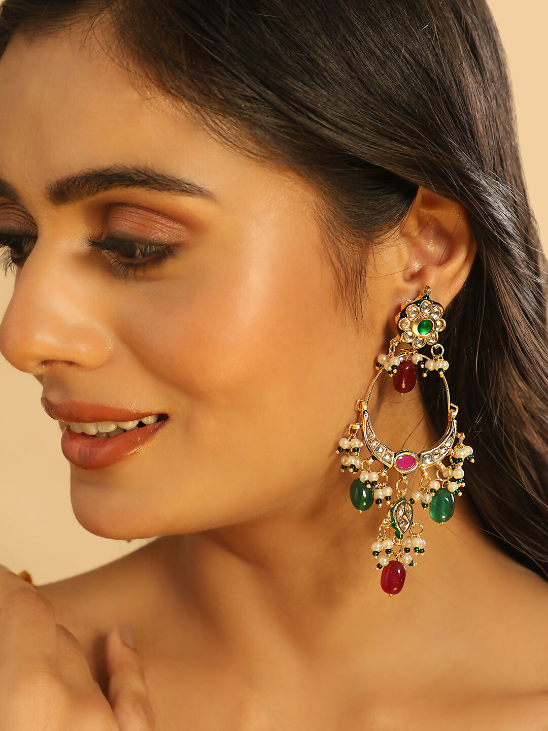 Nuyug 22K Gold Plated Crescent Kundan Drop Green Stone Chandbali Earrings | Swadesiicart