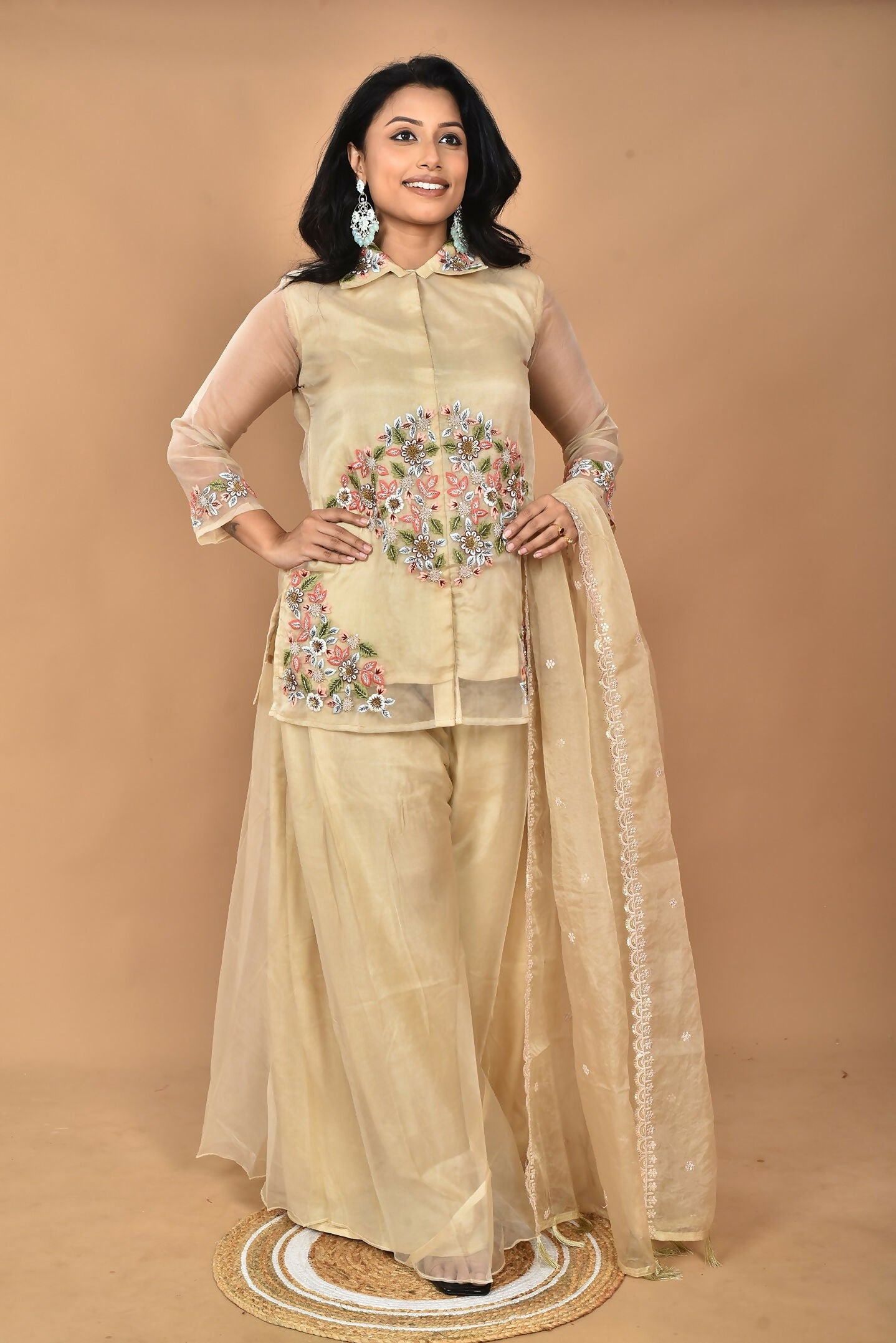 Morchari Women And Hand Embroidery Palazzo Set-Beige - Swadesiicart