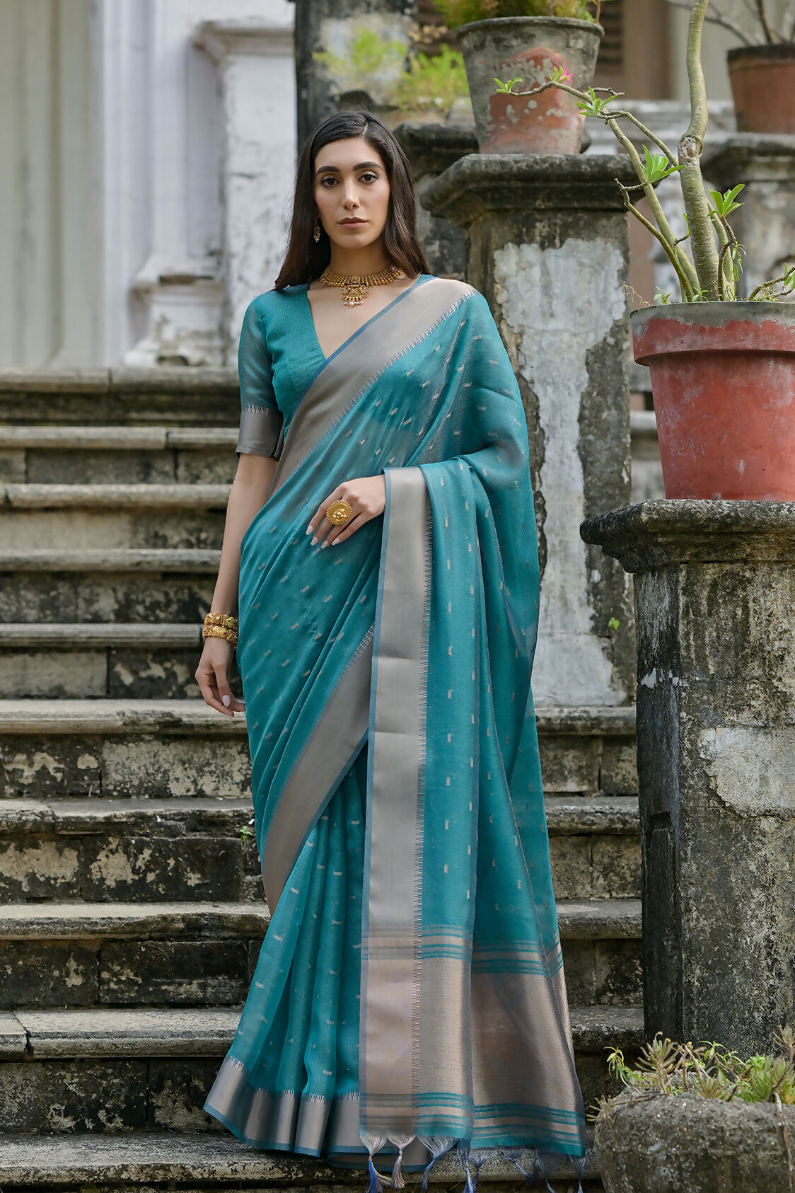 Vishnu Weaves Women's Rama Soft Tissue Silk Zari Woven Saree with Blouse - Swadesiicart