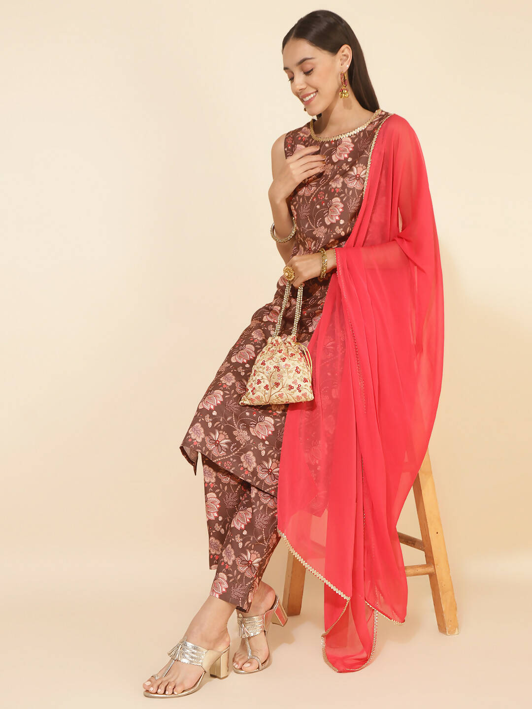 Janasya Women's Brown Crepe Digital Floral Printed Festive Straight Kurta Set | Swadesiicart