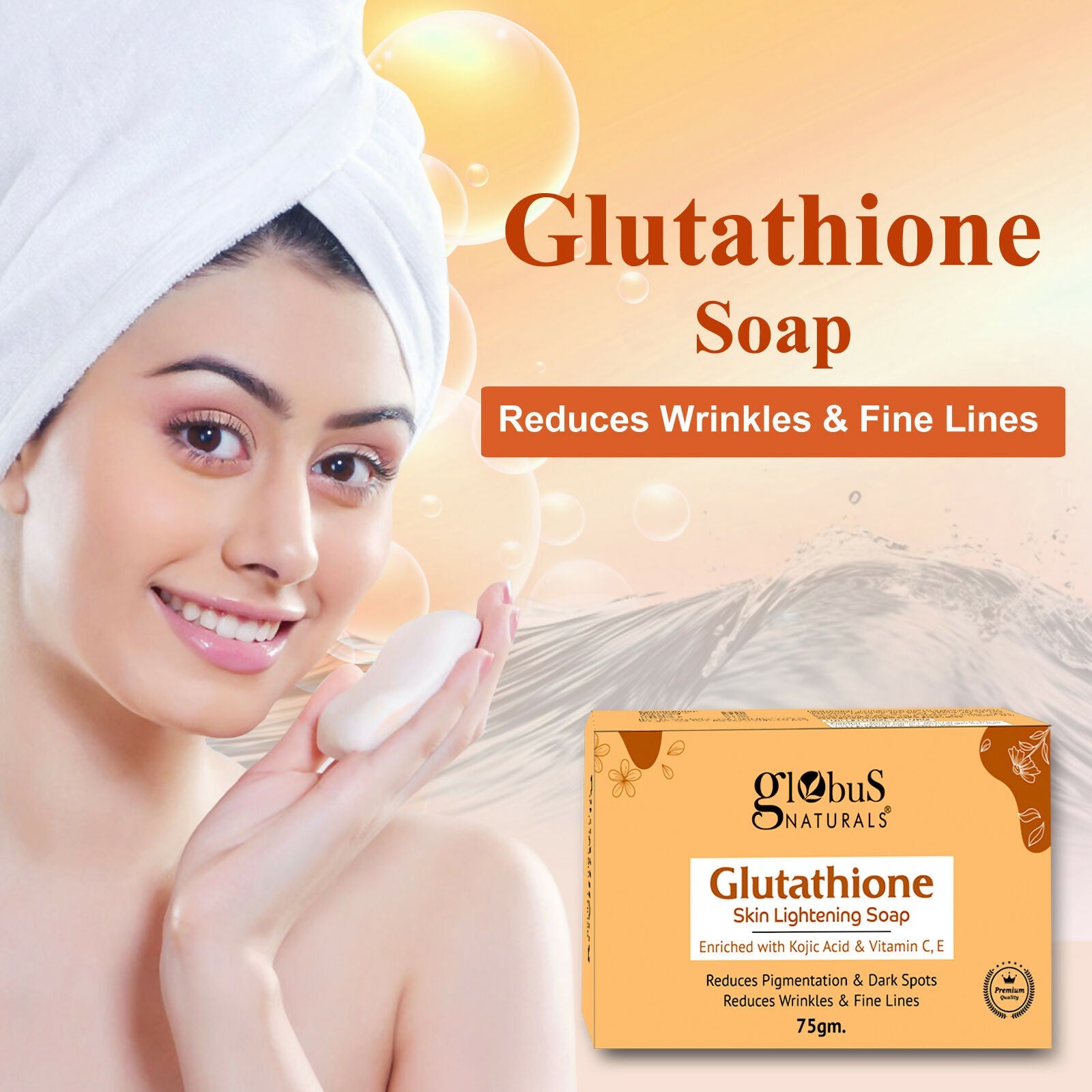 Globus Naturals Glutathione Skin Lightening Soap Enriched with Kojic Acid & Vitamin C, E, Reduces Dark Spots, Wrinkles & Fine Lines | Swadesiicart