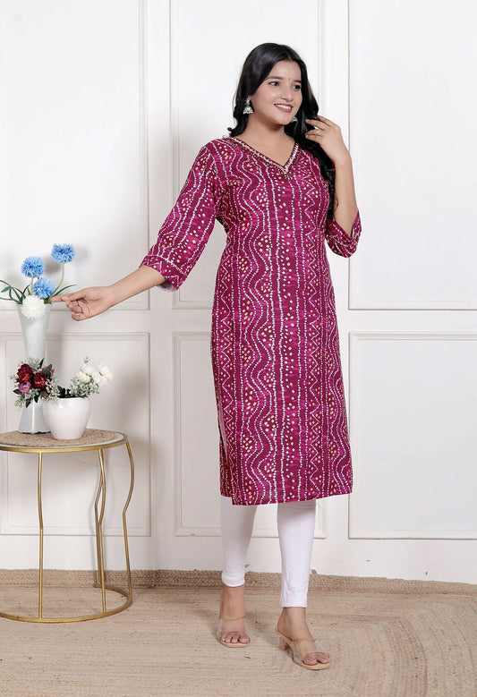 Miravan Womens Magenta Bandhej Printed Rayon Kurti - Swadesiicart