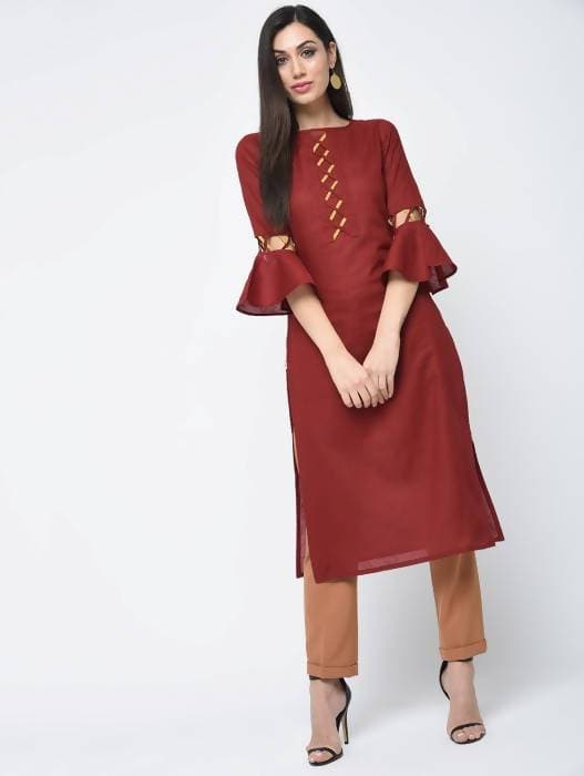 Aniyah Cotton Criss Cross Bell Sleeves Straight Kurta In Maroon (AN-101B) - Swadesiicart