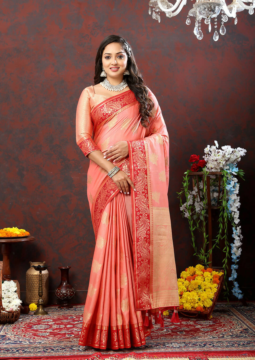 Lorenvalley Fashion Peach Cotton Woven Design with Zari Weaving Design Saree - Swadesiicart