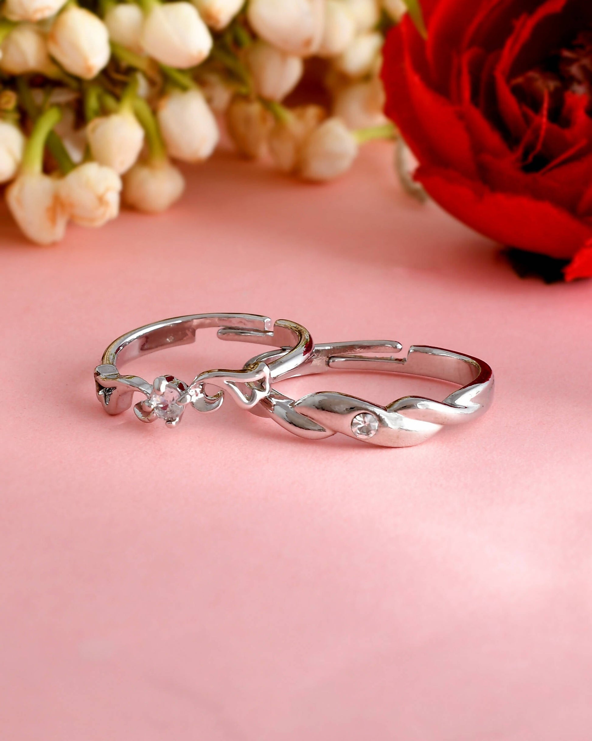 VOJ Stainless Steel Cubic Zirconia Silver Plated Adjustable Ring Set for Couple | Swadesiicart