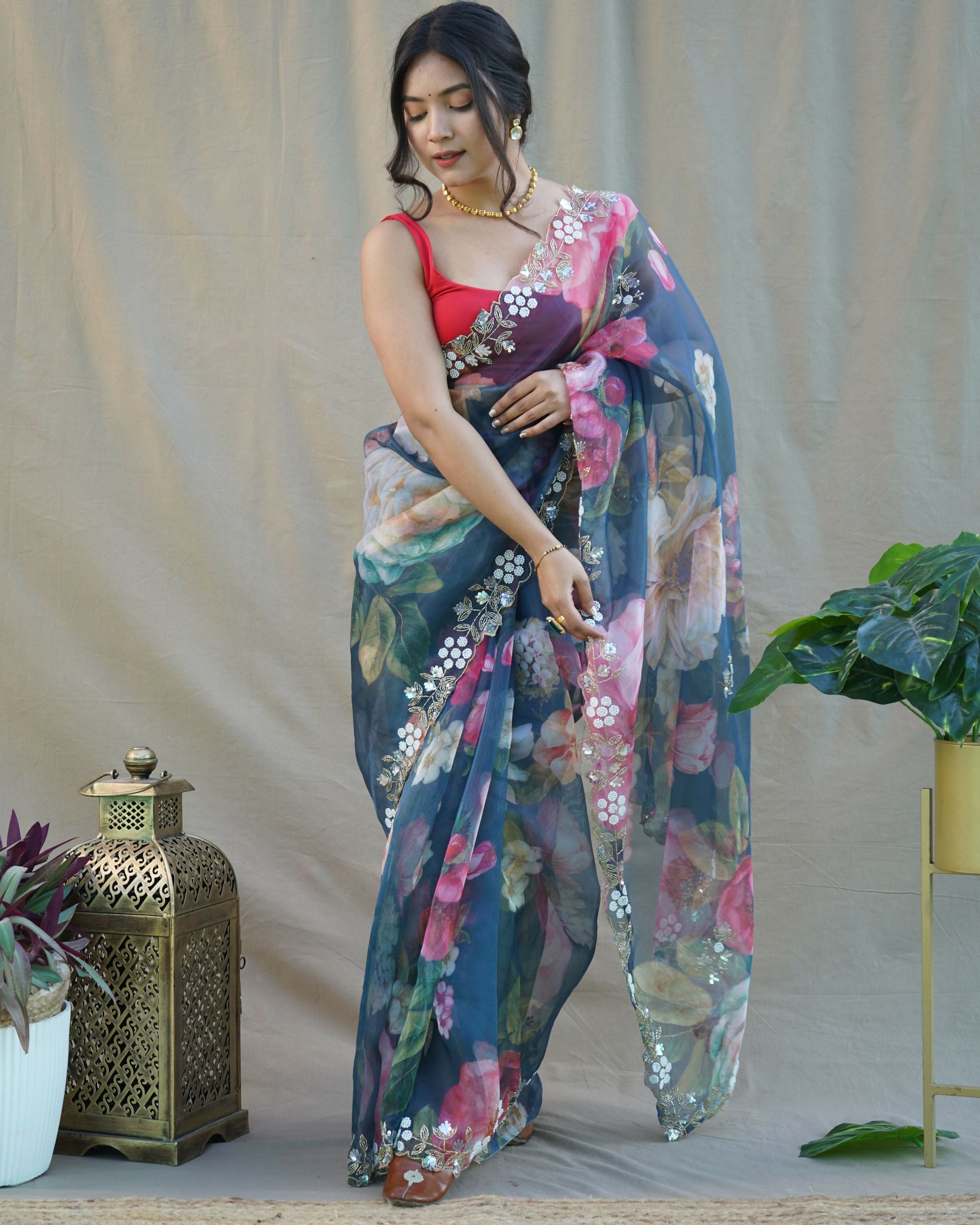 Vamsee Sarangi Blue Organza Saree - Swadesiicart