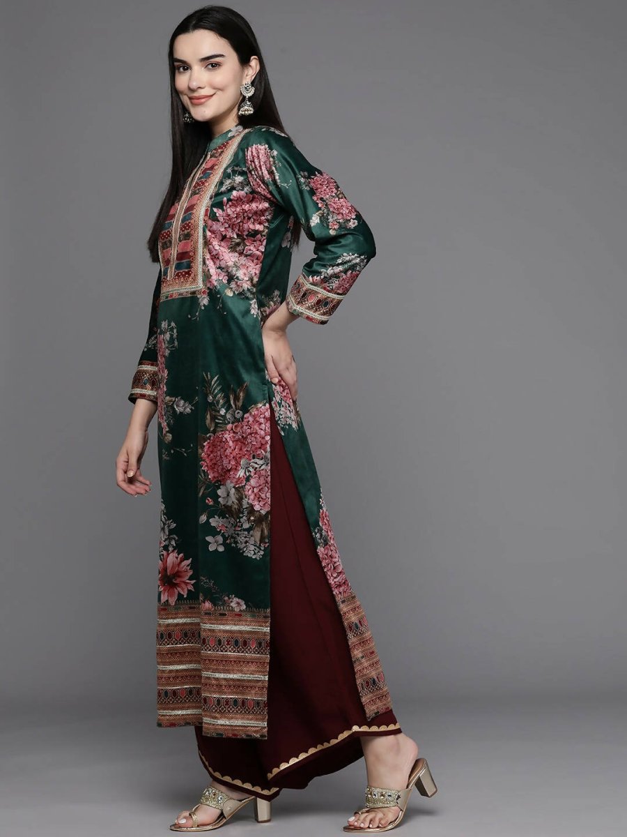 Ahalyaa Women Floral Printed Gotta Patti Velvet Kurta - Green Color | Swadesiicart
