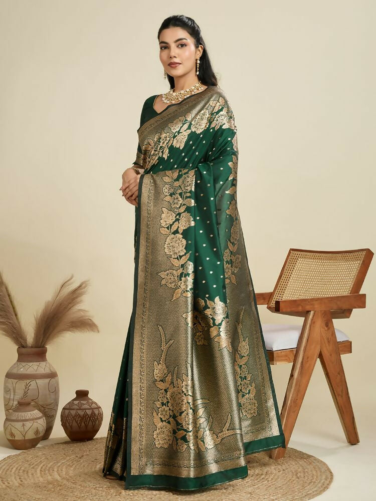 Vishnu Weaves Women's Bt-Green Banarasi Silk Zari Woven Saree with Blouse - Swadesiicart