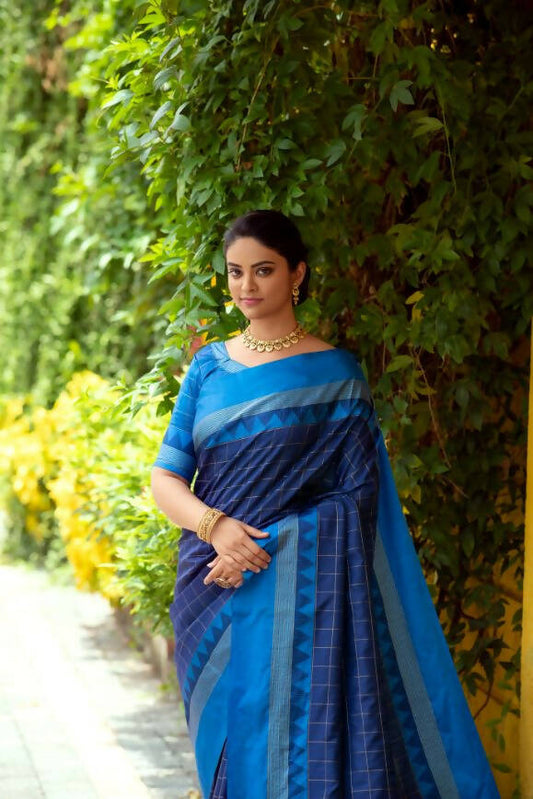 Vishnu Weaves Women's Blue Raw Silk Checks Zari Woven Saree with Unstitched Blouse - Swadesiicart