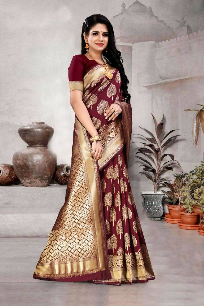 DEIANA'S Beautiful Designer Golden zari Soft Lichi Silk Saree - Maroon - Swadesiicart