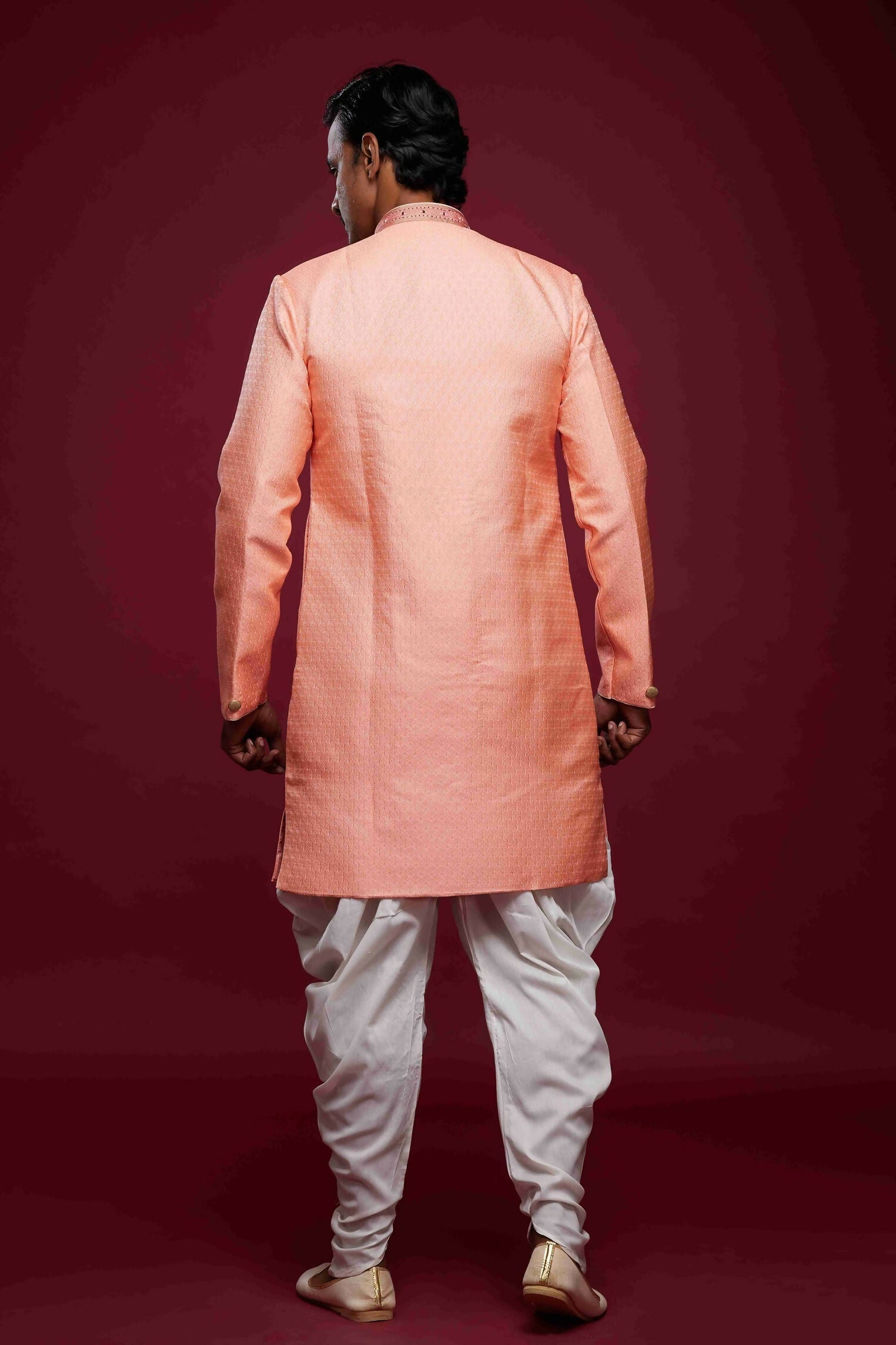 Raivat Ethnic Banarasi Jacquard Embroidery Semi Indo Western Sherwani In Pink Colour | Swadesiicart