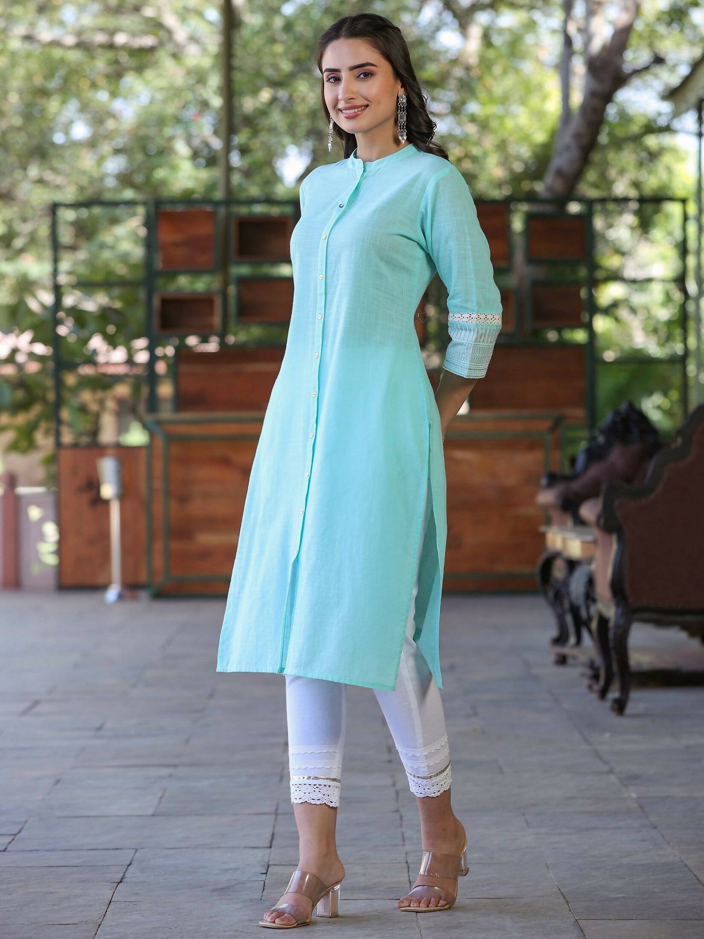 Juniper Women's Seagreen Cotton Slub Embroidered Straight Kurta | Swadesiicart