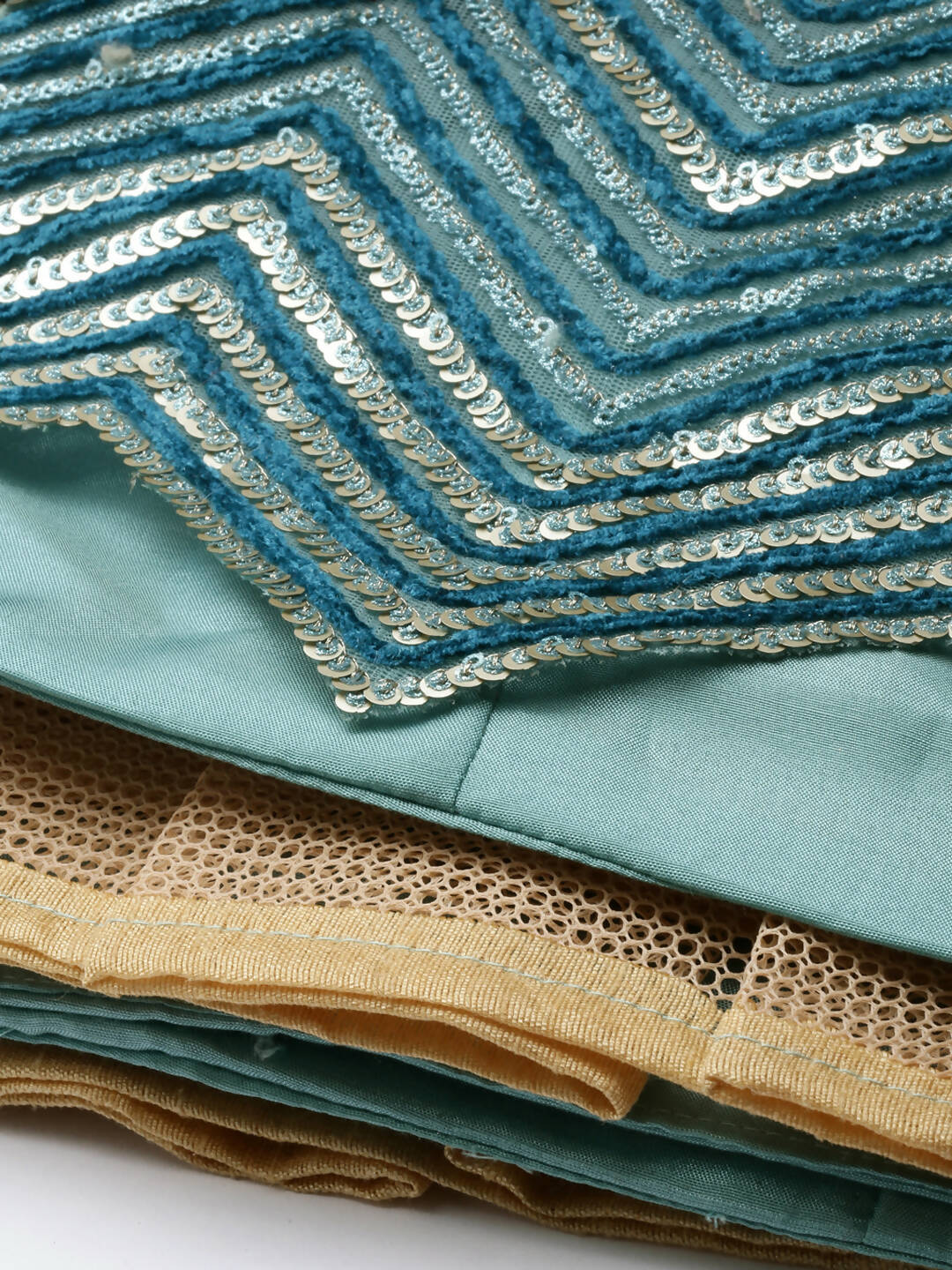 House of Panchhi Women Sea Green Net Zig-Zag Embroideried Lehenga, Blouse & Dupatta | Swadesiicart