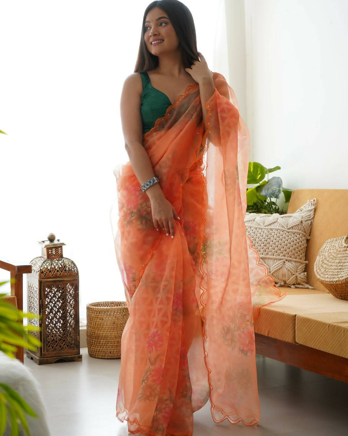 Vamsee Orange Organza Saree - Swadesiicart