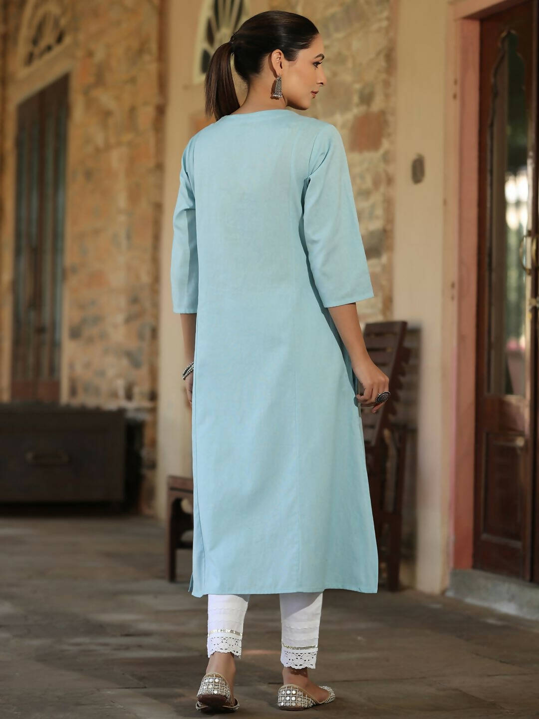 Juniper Women's Blue Cotton Flex Embroidered Straight Kurta | Swadesiicart