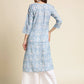 Blue Linen Floral Printed Straight Fit Kurta - Prasuti
