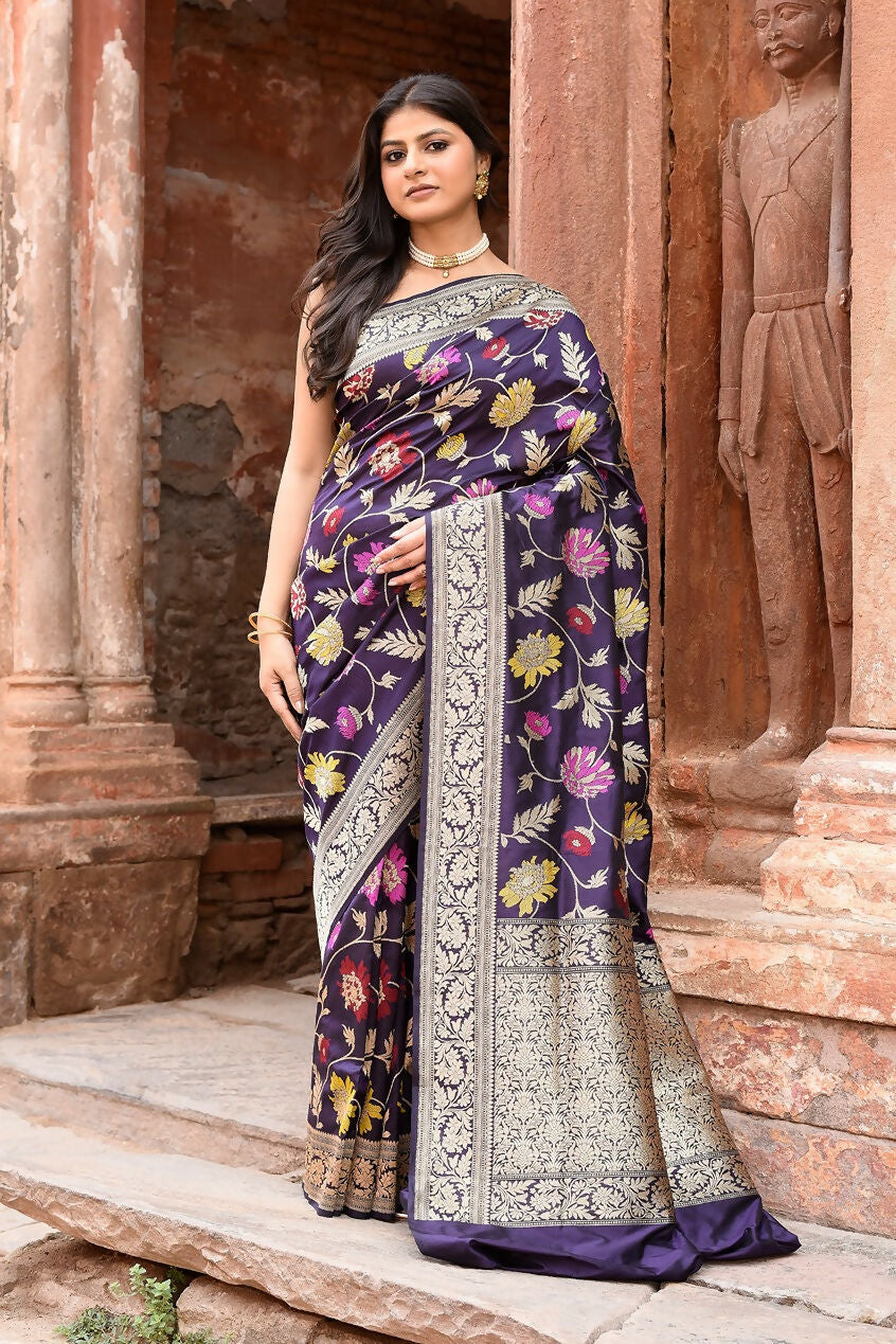 Joban Fashion Plum Purple Pure Katan Pure Handloom Banarasi Silk Saree | Swadesiicart
