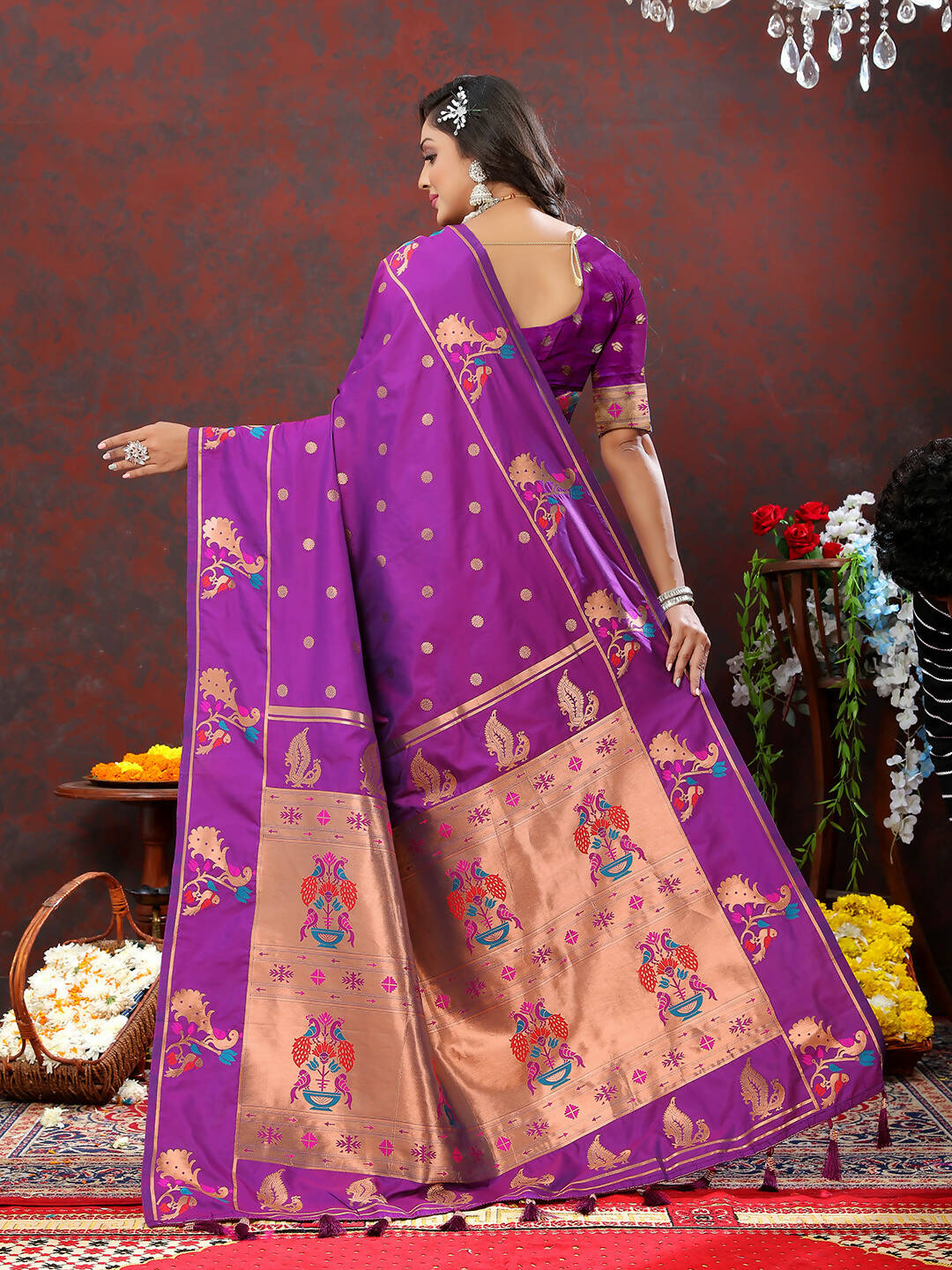 Lorenvalley Fashion Wine Soft Paithani Silk Woven Design Copper Zari Meenakari Weaving Saree - Swadesiicart