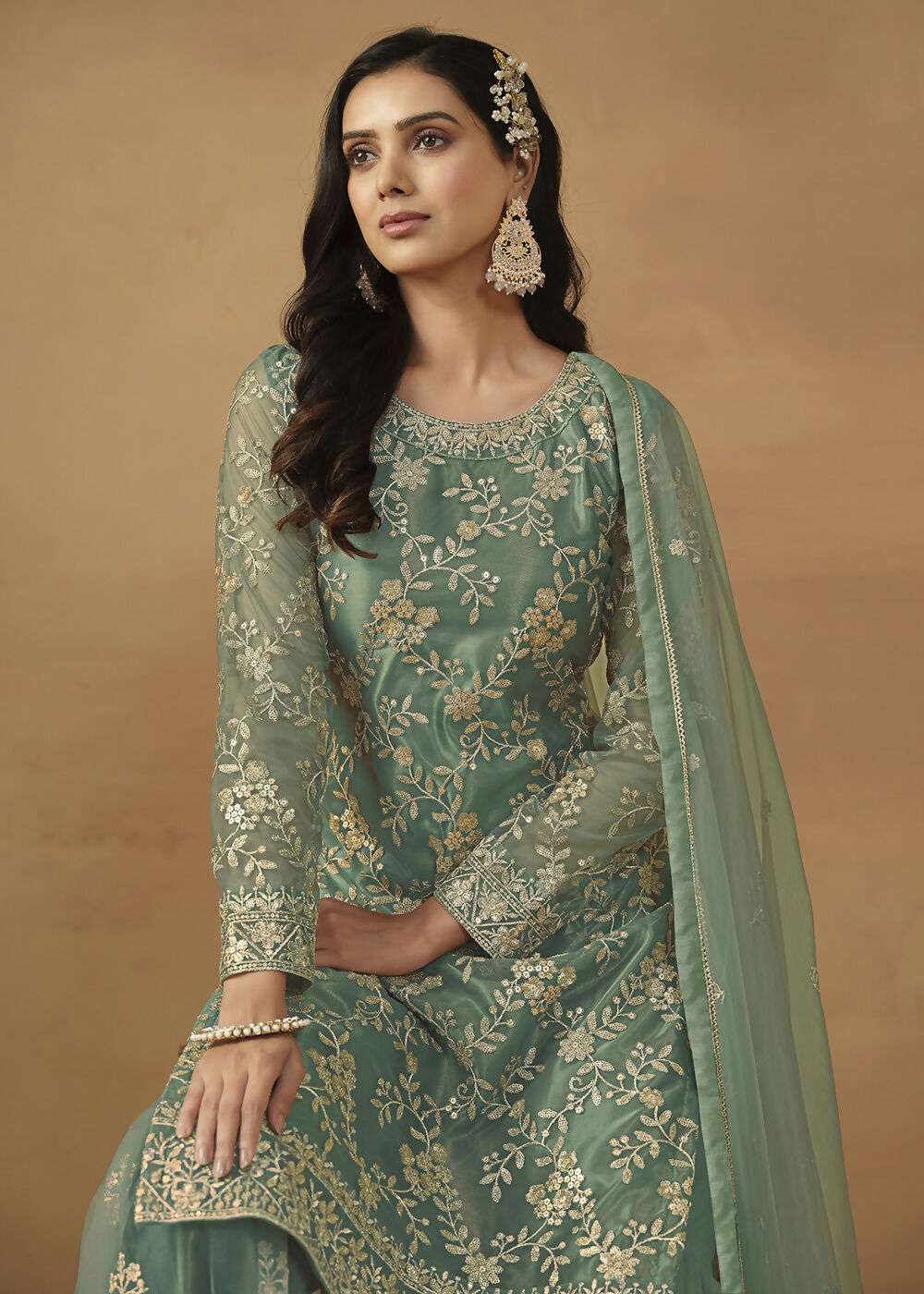 Sea Green Net Embroidered Wedding Festive Gharara Suit - Emponline | Swadesiicart