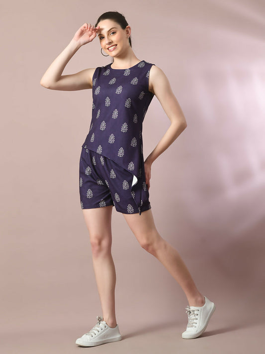Myshka Women's Blue Printed Round Neck Party Top With Shorts Co-ord set - Swadesiicart