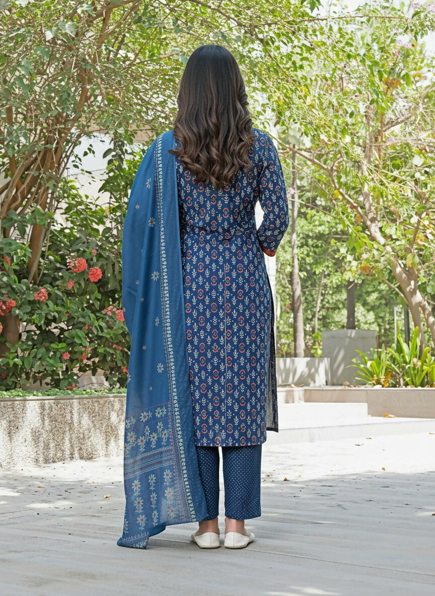 BulBul Aaliya Navy Cotton Kurta Set with Dupatta - Swadesiicart