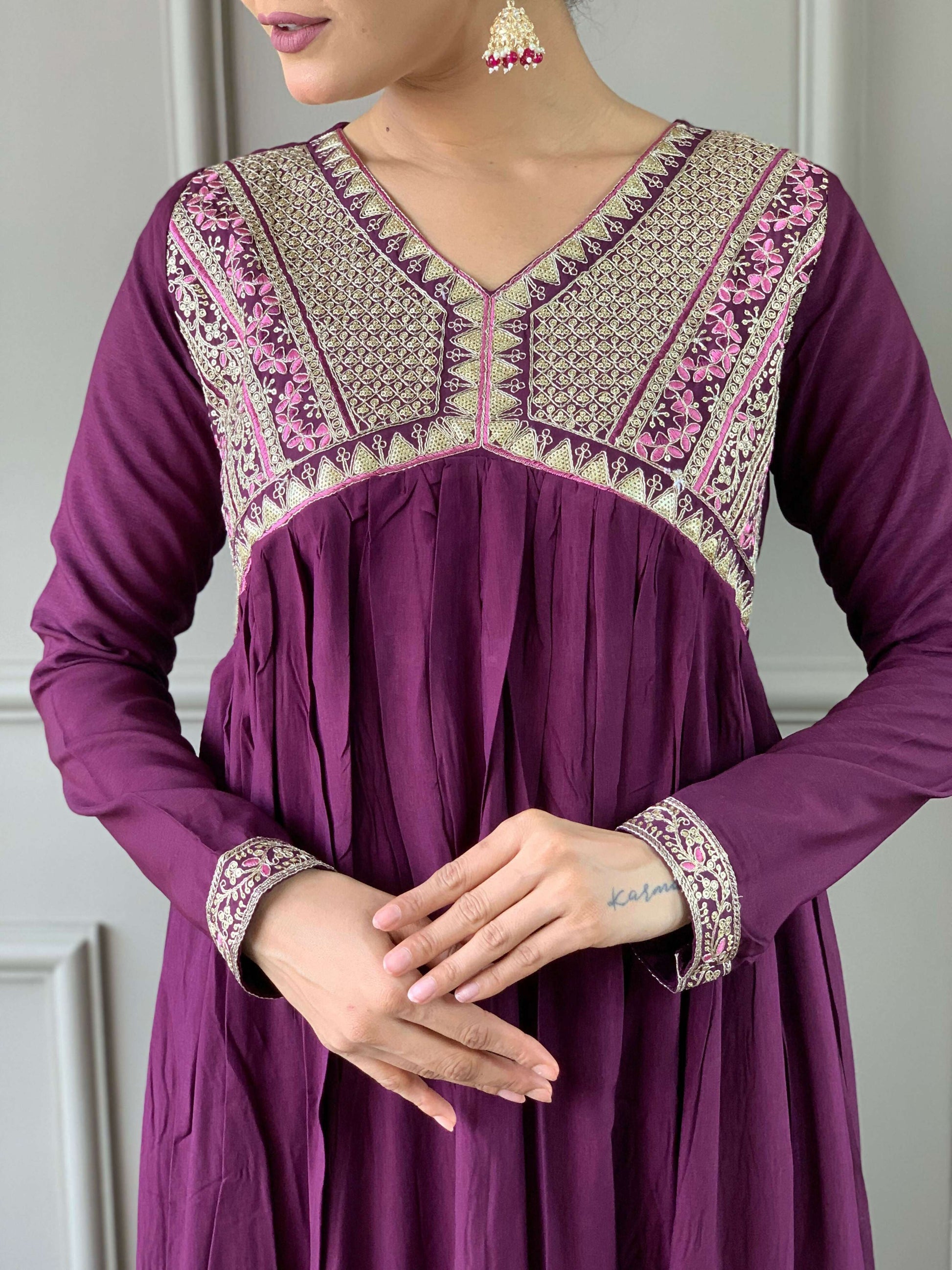 Partywear Designer Viscose Wine Stitched Suit With Dupatta - Tanisha | Swadesiicart