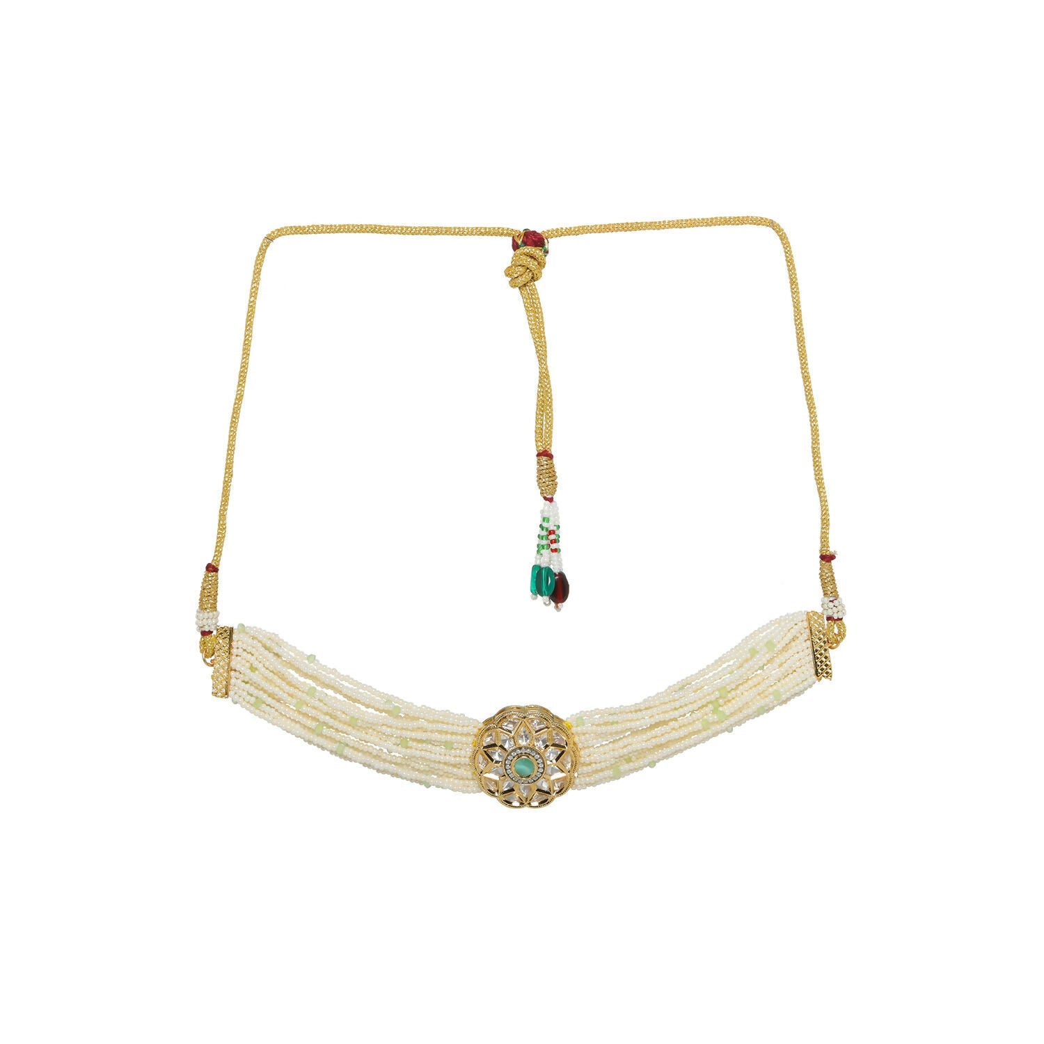 Pearl and Kundan Choker with Intricate Flower Design (White) - Ruby Raang | Swadesiicart