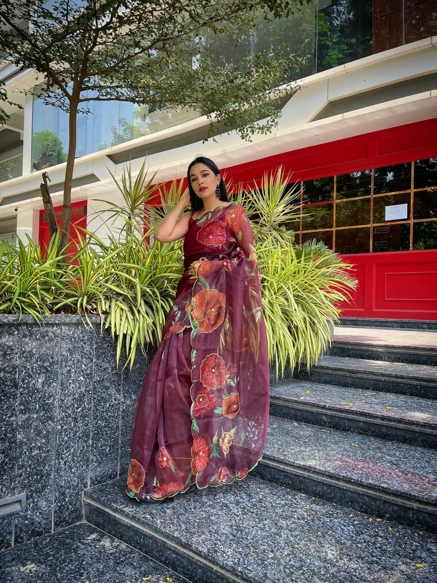 Vamsee Brijbala Maroon Organza Saree - Swadesiicart