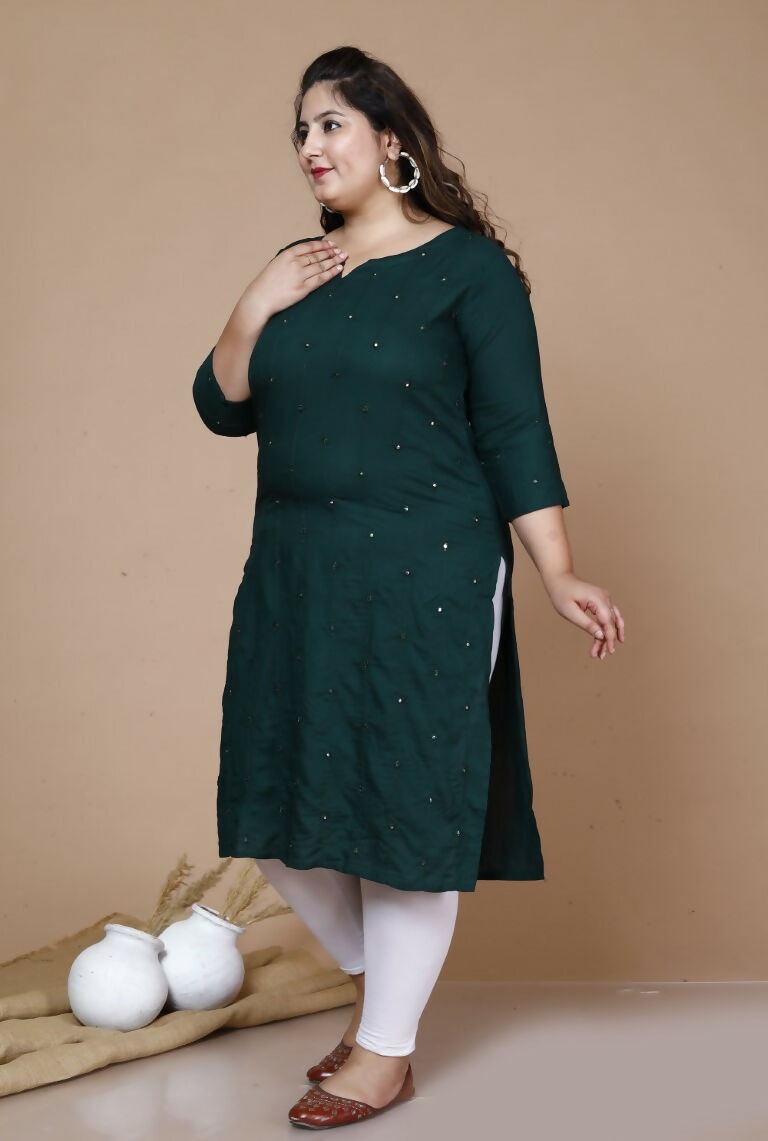 Miravan Women's Plus Size Green Embroidered Straight Kurti - Swadesiicart