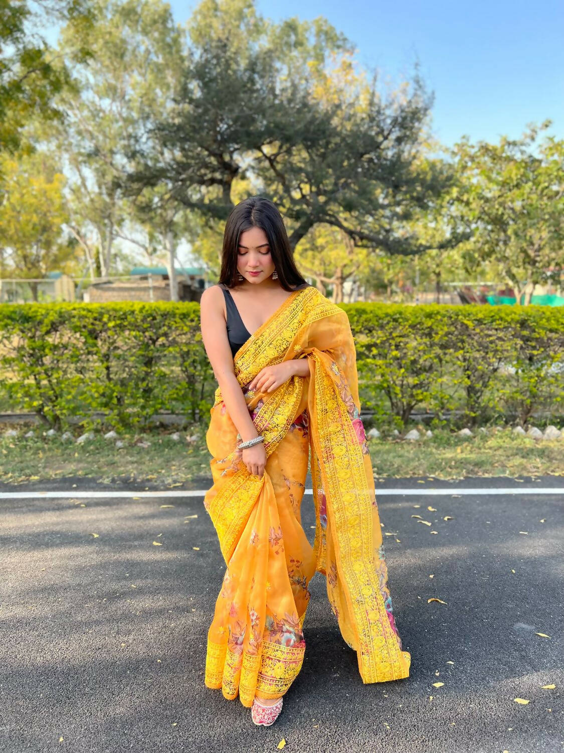 Vamsee Yellow Organza Saree - Swadesiicart