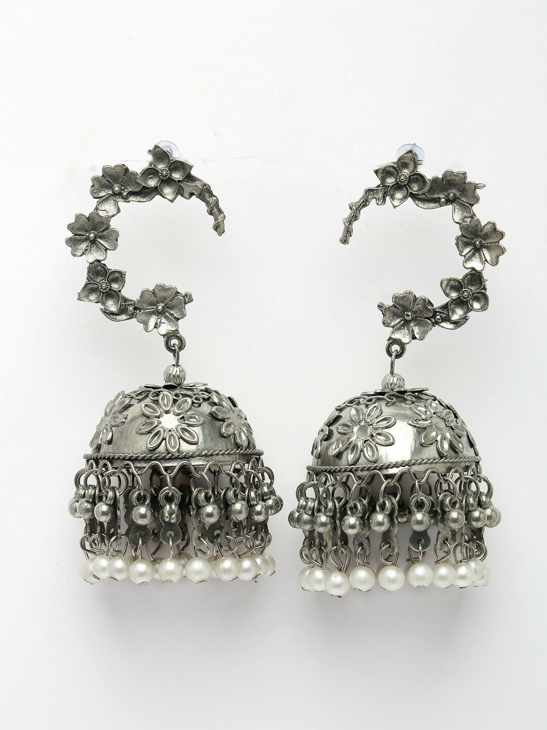 NVR Women's Silver Plated Pearl Beaded Oxidised Contemporary Jhumka Earrings | Swadesiicart