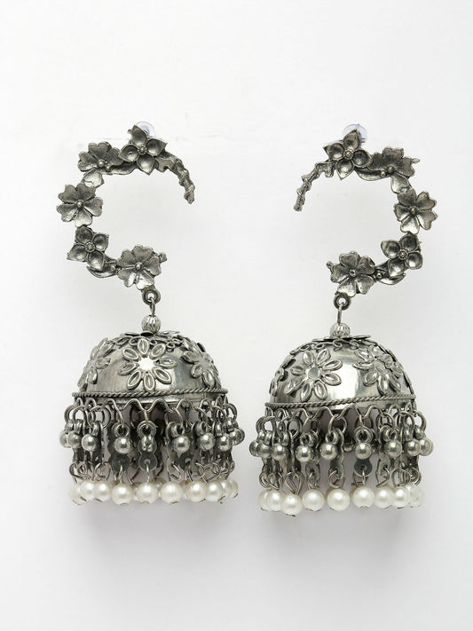 NVR Women's Silver Plated Pearl Beaded Oxidised Contemporary Jhumka Earrings | Swadesiicart