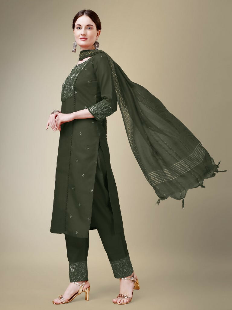 Jyoti Fashion Women's Dark Green Cotton Blend Embroidery & Fancy Lace work Kurta with Trouser & Dupatta | Swadesiicart