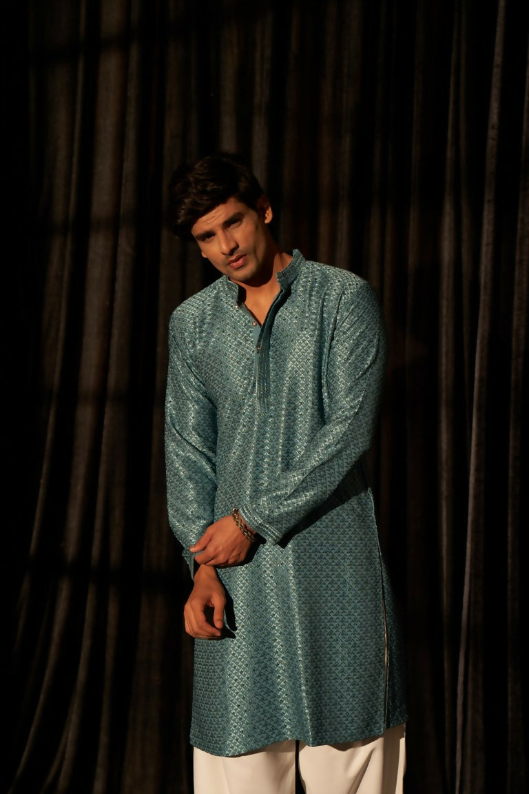 Blue viscose Chikankari Embroidery Work Men's Traditional Kurta Set - Mahotsav | Swadesiicart