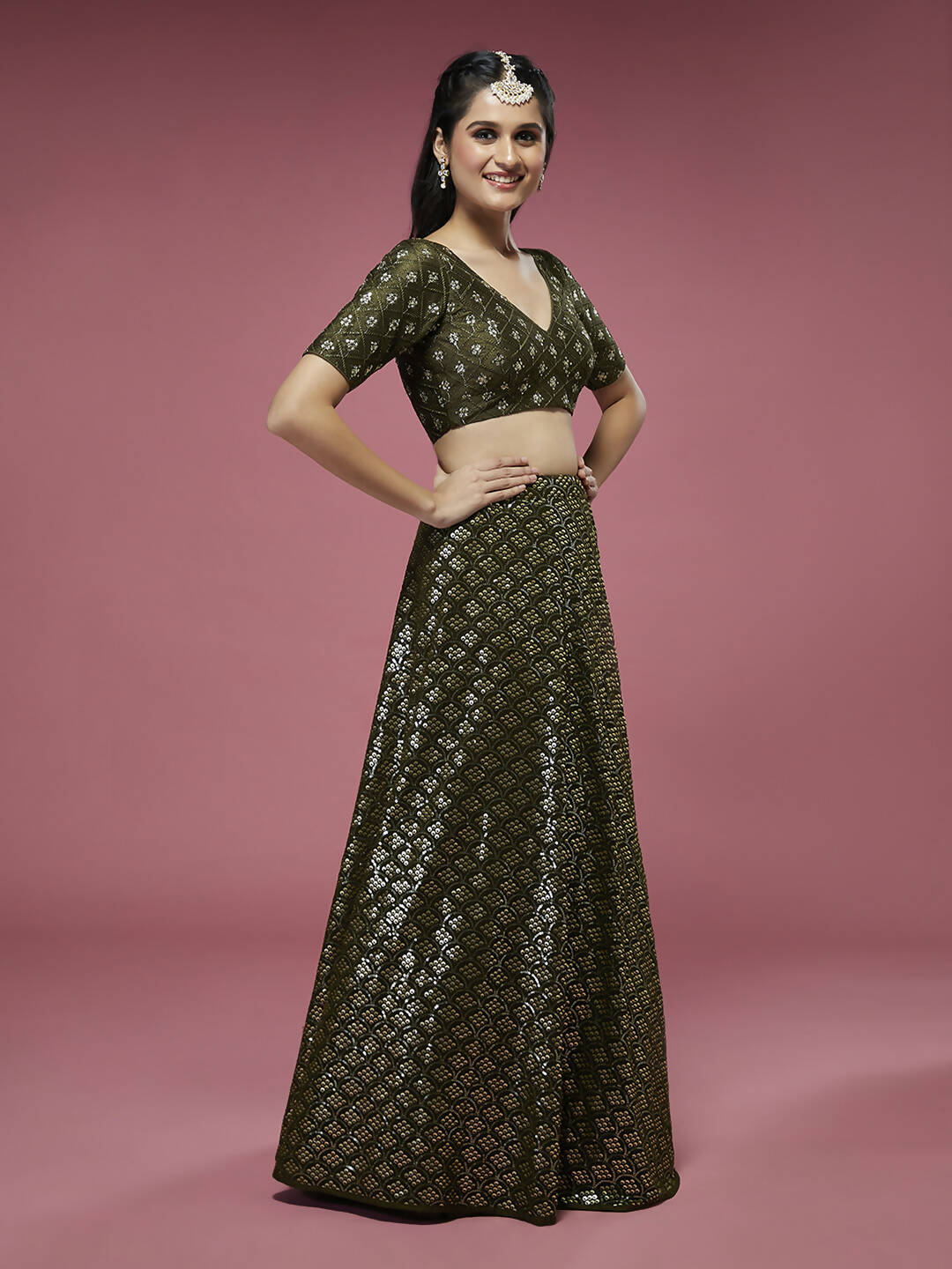 House of Panchhi Olive Georgette Sequinse Embroidered Lehenga & Blouse with Dupatta | Swadesiicart