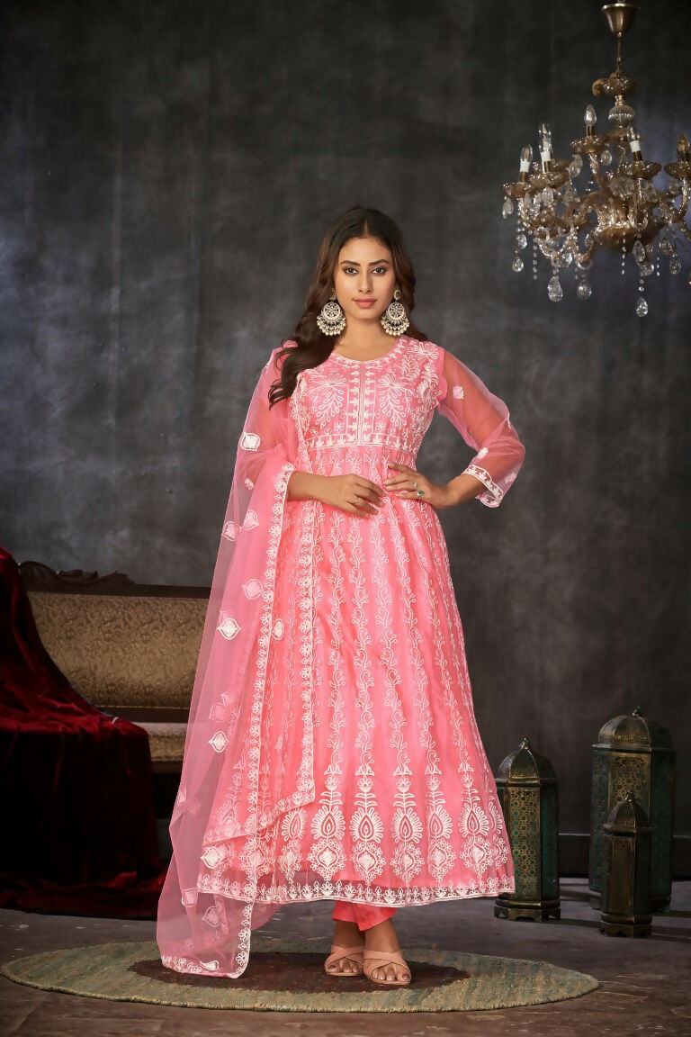 Jyoti Fashion Women's Baby Pink Net Embroidered Anarkali Kurta Pant Set With Dupatta | Swadesiicart