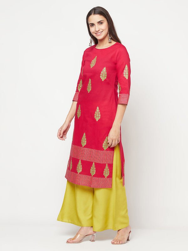Aniyah Cotton Block Print Fuchsia Color Straight Kurta - Swadesiicart