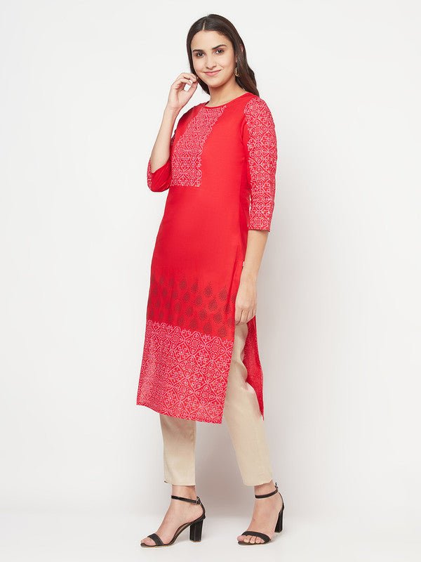 Aniyah Cotton Block Print Red Straight Kurta - Swadesiicart