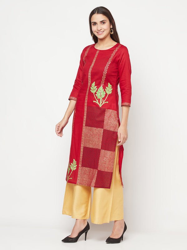 Aniyah Cotton Foil Print Maroon Straight Kurta - Swadesiicart